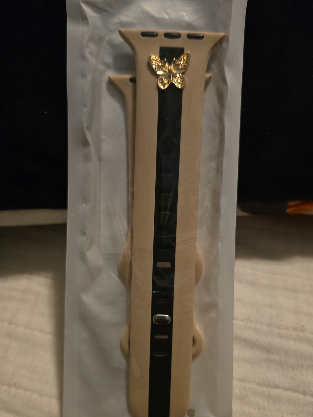 Apple Beige and Black Silicone Watch Band with Gold Butterfly Charm